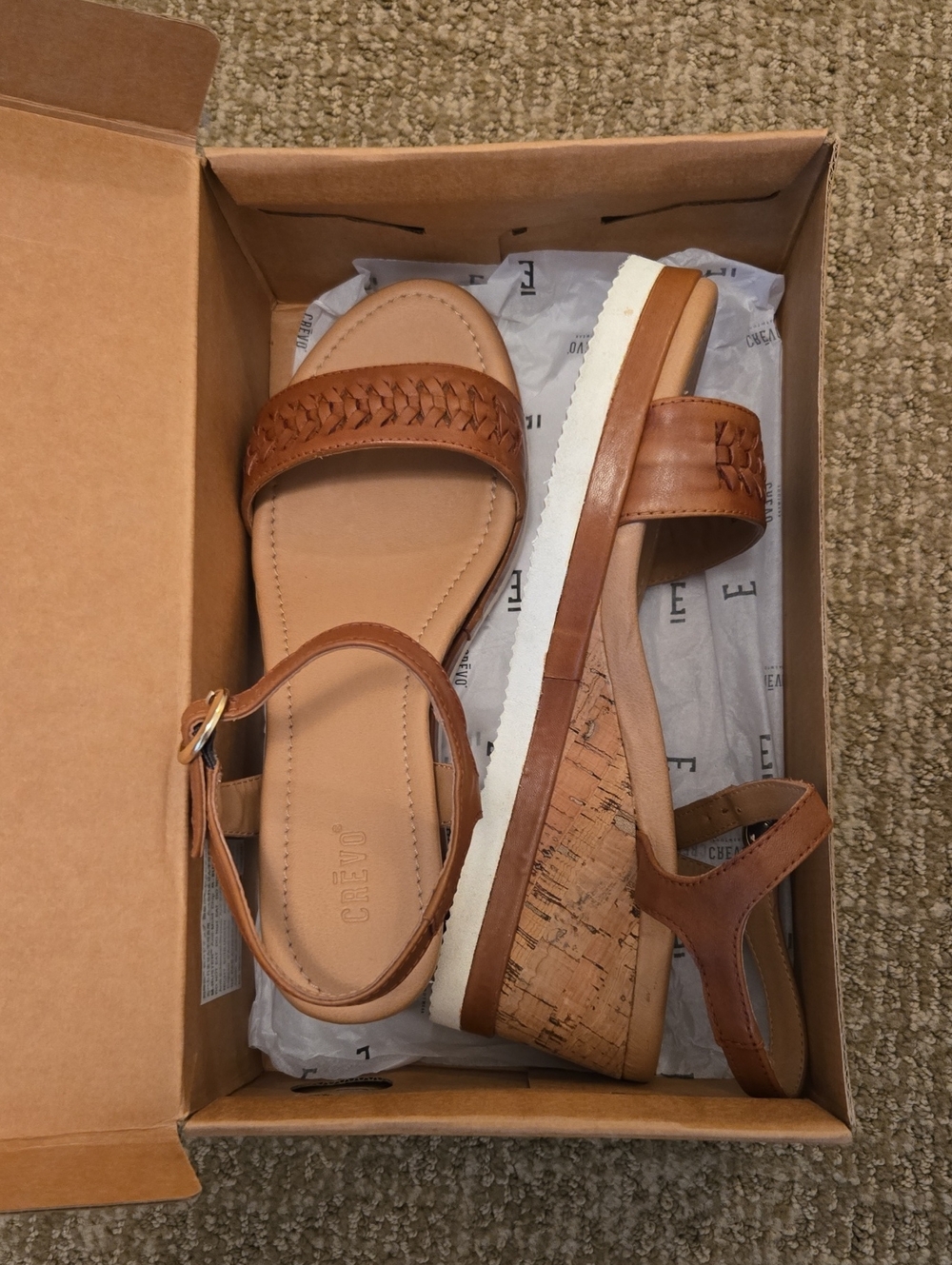 2/$20 Crevo Brown Leather Cork Wedge Sandals with Braided Strap, 8.5. Like New!